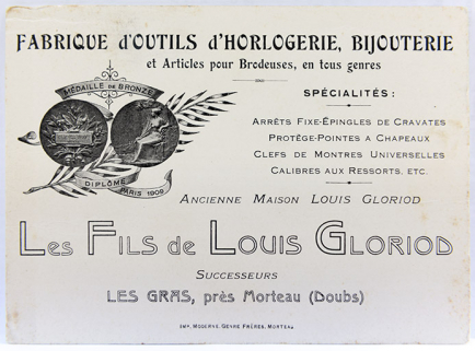 Fabrique d'outils d'horlogerie, bijouterie et articles pour brodeuses, en tous genres. Ancienne Maison Louis Gloriod, Les Fils de Louis Gloriod successeurs [carte publicitaire], 1er quart 20e siècle [après 1914]. © Région Bourgogne-Franche-Comté, Inventaire du patrimoine