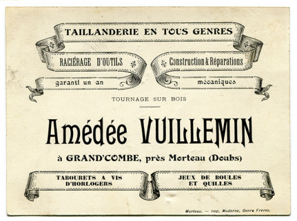 Carte publicitaire d'Amédée vuillemin, fin 19e siècle ou début 20e siècle. © Région Bourgogne-Franche-Comté, Inventaire du patrimoine Carte publicitaire d'Amédée vuillemin, fin 19e siècle ou début 20e siècle. © Région Bourgogne-Franche-Comté, Inventaire du patrimoine