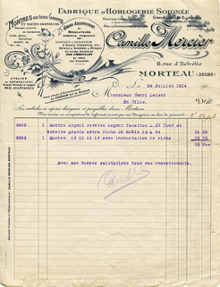 Papier à en-tête de la fabrique d'horlogerie Camille Mercier, 24 juillet 1914. © Région Bourgogne-Franche-Comté, Inventaire du patrimoine