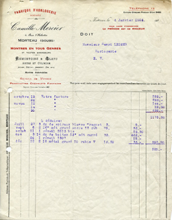 Papier à en-tête de la fabrique d'horlogerie Camille Mercier, 4 janvier 1923. © Région Bourgogne-Franche-Comté, Inventaire du patrimoine