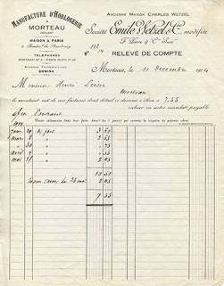 Papier à en-tête (relevé de compte) de la société Emile Wetzel et Cie modifiée, Fernand Pierre et Cie successeurs, 10 décembre 1914. © Région Bourgogne-Franche-Comté, Inventaire du patrimoine