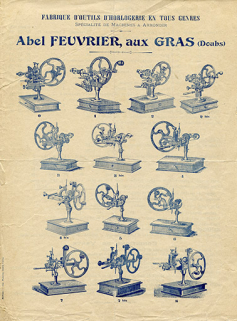 Fabrique d'outils d'horlogerie en tous genres. Spécialité de machines à arrondir. Abel Feuvrier, aux Gras (Doubs). Prix courant [recto], 1er quart 20e siècle. © Région Bourgogne-Franche-Comté, Inventaire du patrimoine