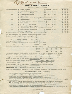 Fabrique d'outils d'horlogerie en tous genres. Spécialité de machines à arrondir. Abel Feuvrier, aux Gras (Doubs). Prix courant [verso], 1er quart 20e siècle. © Région Bourgogne-Franche-Comté, Inventaire du patrimoine