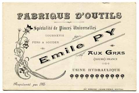 Fabrique d'outils Emile Py [carte commerciale], 1er quart 20e siècle. © Région Bourgogne-Franche-Comté, Inventaire du patrimoine