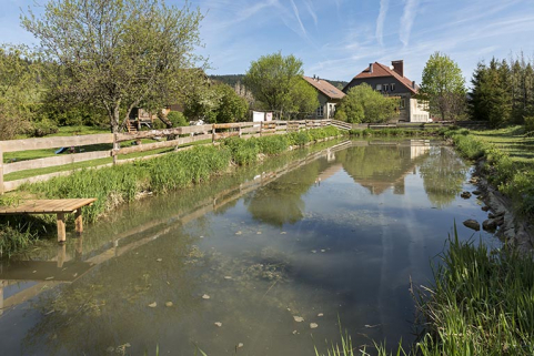 Vue d'ensemble depuis le sud : bassin de retenue au premier plan, maison et chaudronnerie à l'arrière-plan. © Région Bourgogne-Franche-Comté, Inventaire du patrimoine Vue d'ensemble depuis le sud : bassin de retenue au premier plan, maison et chaudronnerie à l'arrière-plan. © Région Bourgogne-Franche-Comté, Inventaire du patrimoine