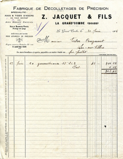 Papier à en-tête de la société Z. Jacquet et Fils, 30 juin 1926. © Région Bourgogne-Franche-Comté, Inventaire du patrimoine