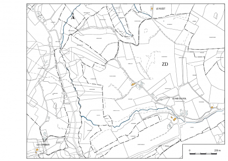 Carte de localisation des fabriques d'outillage étudiées : les Cerneux, le Nid du Fol et le Rozet. Extrait du plan cadastral, 2017, sections C, ZC, ZD et ZH, 1/1 000 réduit à 1/5 000. © Région Bourgogne-Franche-Comté, Inventaire du patrimoine Carte de localisation des fabriques d'outillage étudiées : les Cerneux, le Nid du Fol et le Rozet. Extrait du plan cadastral, 2017, sections C, ZC, ZD et ZH, 1/1 000 réduit à 1/5 000. © Région Bourgogne-Franche-Comté, Inventaire du patrimoine