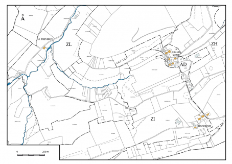 Carte de localisation des fabriques d'outillage étudiées : le Grand Mont, les Seignes et le Théverot. Extrait du plan cadastral, 2017, sections AD, D, ZH, ZI et ZL, 1/1 000 réduit à 1/5 000. © Région Bourgogne-Franche-Comté, Inventaire du patrimoine Carte de localisation des fabriques d'outillage étudiées : le Grand Mont, les Seignes et le Théverot. Extrait du plan cadastral, 2017, sections AD, D, ZH, ZI et ZL, 1/1 000 réduit à 1/5 000. © Région Bourgogne-Franche-Comté, Inventaire du patrimoine