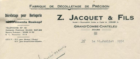 Papier à en-tête de la société Z. Jacquet et Fils, 18 juillet 1952. © Région Bourgogne-Franche-Comté, Inventaire du patrimoine