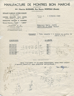 Papier à en-tête de la "Manufacture de Montres Bon Marché" de Mme Maurice Bussard, 1er février 1952. © Région Bourgogne-Franche-Comté, Inventaire du patrimoine