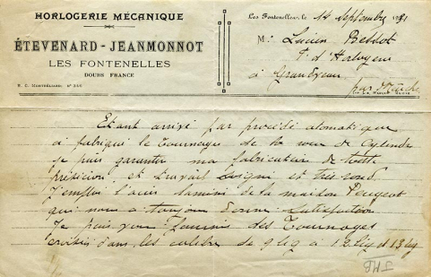 Papier à en-tête de la fabrique d'horlogerie Etevenard-Jeanmonnot, aux Fontenelles, 14 septembre 1931. © Région Bourgogne-Franche-Comté, Inventaire du patrimoine