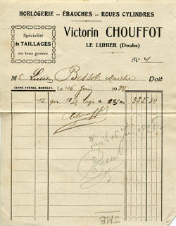 Papier à en-tête de l'atelier d'horlogerie Victorin Chouffot, au Luhier, 16 juin 1928. © Région Bourgogne-Franche-Comté, Inventaire du patrimoine