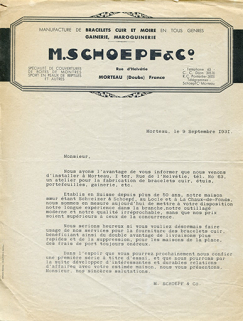 Papier à en-tête de la société M. Schoepf et Cie, 9 septembre 1931. © Région Bourgogne-Franche-Comté, Inventaire du patrimoine Papier à en-tête de la société M. Schoepf et Cie, 9 septembre 1931. © Région Bourgogne-Franche-Comté, Inventaire du patrimoine