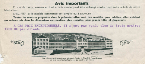 Vue photographique de nos usines du Doubs (J. Simon, propriétaire), les plus importantes fabriques de montres en France, extraite d'un document publicitaire de la fabrique Radia, 1ère moitié du 20e siècle © Région Bourgogne-Franche-Comté, Inventaire du patrimoine