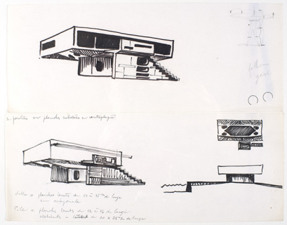 Esquisses d'élévations perspectives et plan montrant la sous-face du premier étage, André Maisonnier, s.d. © Région Bourgogne-Franche-Comté, Inventaire du patrimoine