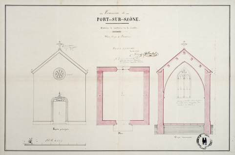 Oratoire à construire au nouveau cimetière : plan, coupe et élévation (1er projet). © Région Bourgogne-Franche-Comté, Inventaire du patrimoine