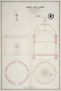 Oratoire à construire au nouveau cimetière : plan, coupe et élévation (2ème projet). © Région Bourgogne-Franche-Comté, Inventaire du patrimoine