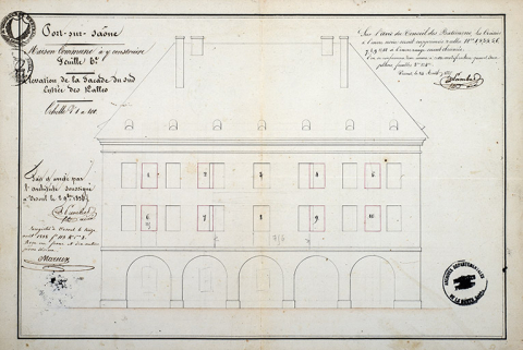 Plan de la façade du sud, entrée des halles (1836). © Région Bourgogne-Franche-Comté, Inventaire du patrimoine