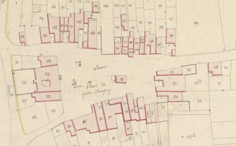 Extrait du cadastre napoléonien terminé le 29 mai 1819 : autour de la place du petit Magny. Section C feuille unique. © Archives départementales de la Haute-Saône Extrait du cadastre napoléonien terminé le 29 mai 1819 : autour de la place du petit Magny. Section C feuille unique. © Archives départementales de la Haute-Saône