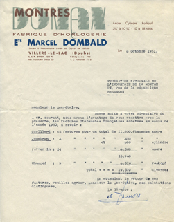 Papier à en-tête de la société Dombald, 8 octobre 1951. © Région Bourgogne-Franche-Comté, Inventaire du patrimoine Papier à en-tête de la société Dombald, 8 octobre 1951. © Région Bourgogne-Franche-Comté, Inventaire du patrimoine
