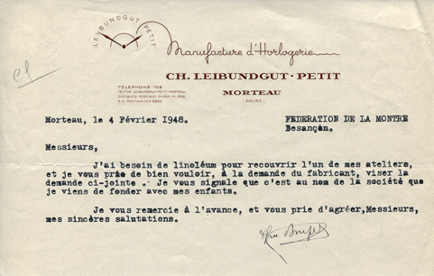 Papier à en-tête de la société Ch. Leibundgut-Petit, 4 février 1948. © Région Bourgogne-Franche-Comté, Inventaire du patrimoine