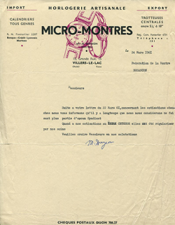 Papier à en-tête de la société Micro-Montres, 24 mars 1961. © Région Bourgogne-Franche-Comté, Inventaire du patrimoine Papier à en-tête de la société Micro-Montres, 24 mars 1961. © Région Bourgogne-Franche-Comté, Inventaire du patrimoine
