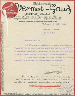 Papier à en-tête de la société Vermot-Gaud, 1er juin 1923. © Région Bourgogne-Franche-Comté, Inventaire du patrimoine Papier à en-tête de la société Vermot-Gaud, 1er juin 1923. © Région Bourgogne-Franche-Comté, Inventaire du patrimoine