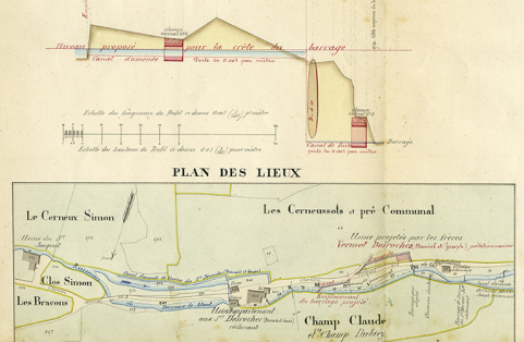 Plan et nivellement relatifs à la demande en changement de destination d’une usine par le sieur Vermot Des Roches, propriétaire habitant de la commune de Montlebon, 1822. Montre aussi l'usine de Louis et Bernard Vermot-Desroches. © Région Bourgogne-Franche-Comté, Inventaire du patrimoine Plan et nivellement relatifs à la demande en changement de destination d’une usine par le sieur Vermot Des Roches, propriétaire habitant de la commune de Montlebon, 1822. Montre aussi l'usine de Louis et Bernard Vermot-Desroches. © Région Bourgogne-Franche-Comté, Inventaire du patrimoine