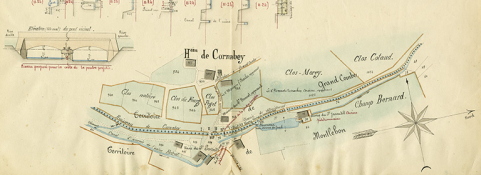 Projet de règlement d’eau de la scierie du Sr Jacoutot Arsène, au hameau de Cornabey, territoire de Montlebon. Plan et profils, 1873. © Région Bourgogne-Franche-Comté, Inventaire du patrimoine Projet de règlement d’eau de la scierie du Sr Jacoutot Arsène, au hameau de Cornabey, territoire de Montlebon. Plan et profils, 1873. © Région Bourgogne-Franche-Comté, Inventaire du patrimoine
