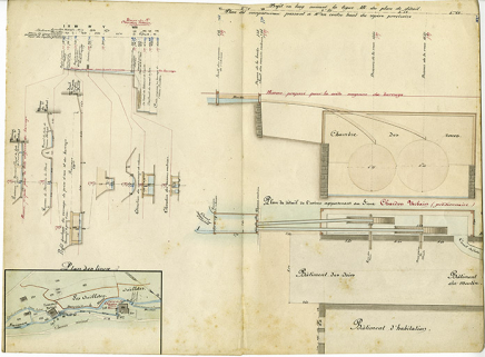 Ruisseau de Derrière-le-Mont. Commune de Montlebon. Règlement d’eau de l’usine du sieur Chardon Urbain. Plan, profils en long et en travers et dessins de détails, 1863. © Région Bourgogne-Franche-Comté, Inventaire du patrimoine