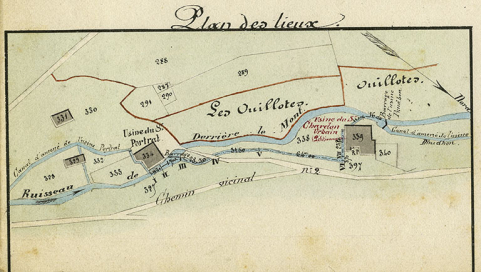 Ruisseau de Derrière-le-Mont. Commune de Montlebon. Règlement d’eau de l’usine du sieur Chardon Urbain. Plan, profils en long et en travers et dessins de détails [détail : le plan], 1863. © Région Bourgogne-Franche-Comté, Inventaire du patrimoine