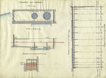 Commune de Morteau. Réglementation d’eau de l’usine des consorts Pertusier. Dessins de détail [... chambre des turbines], 5 juin 1897. © Région Bourgogne-Franche-Comté, Inventaire du patrimoine