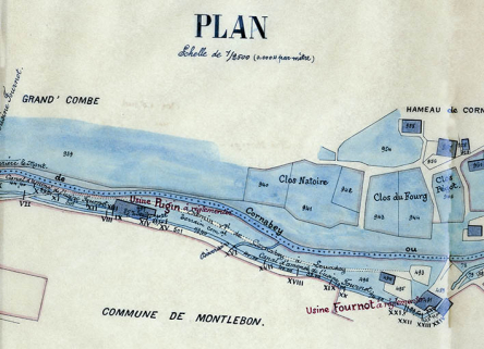 Commune de Montlebon. Ruisseau de Cornabey. Usines des Srs Pugin et Fournot. Plan des lieux [détail : partie gauche], 1887. © Région Bourgogne-Franche-Comté, Inventaire du patrimoine