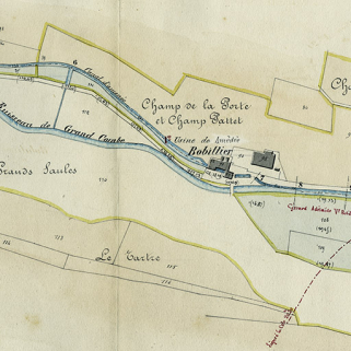 Commune de Grand'Combe. Règlement d'eau des usines [...] Plan parcellaire [détail de la partie gauche : Bobillier], 21 juin 1876. © Région Bourgogne-Franche-Comté, Inventaire du patrimoine