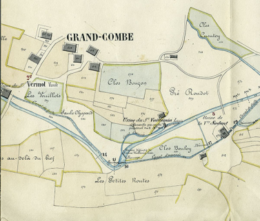 Commune de Grand'Combe. Règlement d'eau des usines [...] Plan parcellaire [détail de la partie centrale : Vermot, Vuillemin et Sudant], 21 juin 1876. © Région Bourgogne-Franche-Comté, Inventaire du patrimoine