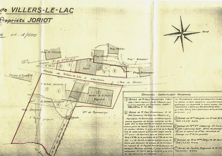 [Ville] de Villers-le-Lac. Propriété Joriot [plan de situation de l'usine Magister avec indication des dates d'achat des terrains], 3e quart 20e siècle. © Région Bourgogne-Franche-Comté, Inventaire du patrimoine