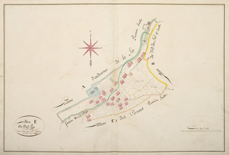Cadastre de la commune des Gras. Atlas parcellaire, 1816, section E, 1/1 250. © Région Bourgogne-Franche-Comté, Inventaire du patrimoine Cadastre de la commune des Gras. Atlas parcellaire, 1816, section E, 1/1 250. © Région Bourgogne-Franche-Comté, Inventaire du patrimoine