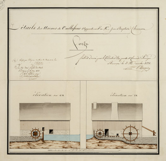 Détail des usines de Vuillafans appartenant à M. Jean Baptiste Chevassu. Forge, 1821. © Région Bourgogne-Franche-Comté, Inventaire du patrimoine Détail des usines de Vuillafans appartenant à M. Jean Baptiste Chevassu. Forge, 1821. © Région Bourgogne-Franche-Comté, Inventaire du patrimoine