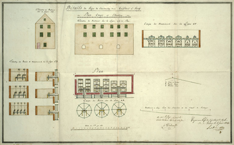 Détails du projet de construction d'une tréfilerie à Scey. Plan coupe et élévations, s.d. [1824]. © Région Bourgogne-Franche-Comté, Inventaire du patrimoine