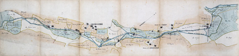 Commune de Grand'Combe. Règlement d'eau des usines Bobillier Amédée, Vermot Virgile, Sudant Vve, Droz Joseph, Vuillemin Alexis et Colin Adolphe. Plan parcellaire, 21 juin 1876. © Région Bourgogne-Franche-Comté, Inventaire du patrimoine Commune de Grand'Combe. Règlement d'eau des usines Bobillier Amédée, Vermot Virgile, Sudant Vve, Droz Joseph, Vuillemin Alexis et Colin Adolphe. Plan parcellaire, 21 juin 1876. © Région Bourgogne-Franche-Comté, Inventaire du patrimoine