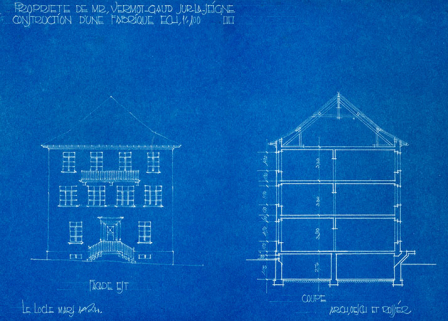 Propriété de Mr Vermot-Gaud, Sur-la-Seigne. Projet de fabrique. Façade est [et] Coupe, mars 1924. © Région Bourgogne-Franche-Comté, Inventaire du patrimoine