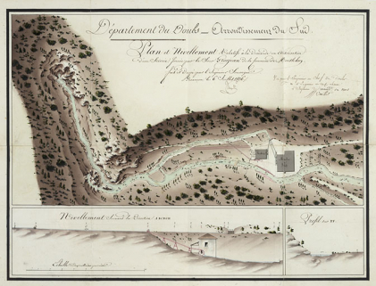 Plan et nivellement relatifs à la demande en autorisation d’une scierie formée par le sieur Grosjean de la commune de Montlebon, 1826. © Région Bourgogne-Franche-Comté, Inventaire du patrimoine