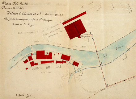 Transport de force entre les usines Olivier et Cie [Plan des usines en aval], 1908. © Région Bourgogne-Franche-Comté, Inventaire du patrimoine