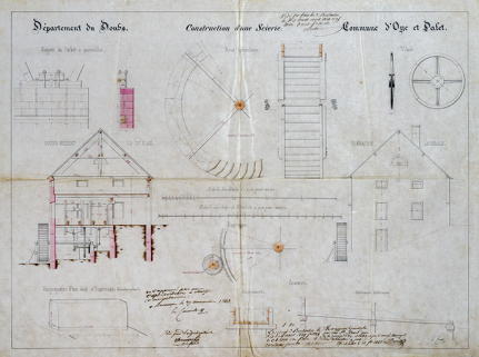 Construction d'une scierie [Elévation, coupe et détails], 1848. © Région Bourgogne-Franche-Comté, Inventaire du patrimoine