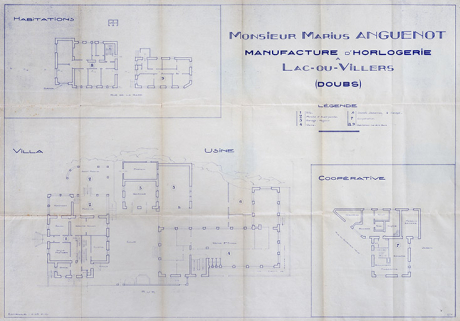 Monsieur Marius Anguenot. Manufacture d'horlogerie à Lac-ou-Villers (Doubs) [plans de la villa et l'usine rue de la Perrière, des habitations rue de la Gare et d'une coopérative rue du Quartier neuf], 2e quart 20e siècle. © Région Bourgogne-Franche-Comté, Inventaire du patrimoine