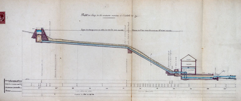 Projet d'exécution des ouvrages hydrauliques. Profil en long de la conduite motrice, 1903. © Région Bourgogne-Franche-Comté, Inventaire du patrimoine Projet d'exécution des ouvrages hydrauliques. Profil en long de la conduite motrice, 1903. © Région Bourgogne-Franche-Comté, Inventaire du patrimoine