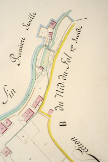 Cadastre de la commune des Gras. Atlas parcellaire, 1816, section E [détail : la Grande Rue et le quartier du moulin du Bas], 1/1 250. © Région Bourgogne-Franche-Comté, Inventaire du patrimoine