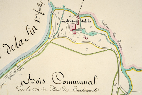 Cadastre de la commune des Gras. Atlas parcellaire, 1816, section B 1ère feuille [détail : le Dessus de la Fin], 1/2 500. © Région Bourgogne-Franche-Comté, Inventaire du patrimoine