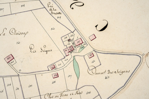 Cadastre de la commune des Gras. Atlas parcellaire, 1816, section D 2e feuille [détail : les Seignes], 1/2 500. © Région Bourgogne-Franche-Comté, Inventaire du patrimoine