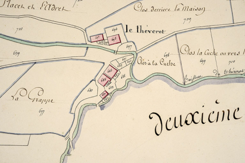 Cadastre de la commune des Gras. Atlas parcellaire, 1816, section D 3e feuille [détail : le Théverot], 1/2 500. © Région Bourgogne-Franche-Comté, Inventaire du patrimoine